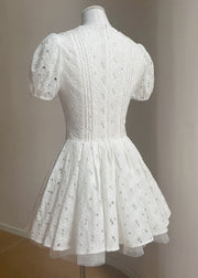 Fine White Hollow Out Tulle Patchwork Mini Dresses Summer