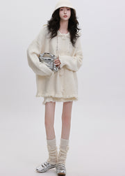 Fine White Hooded Flower Decorated Knit Two Pieces Set Winter