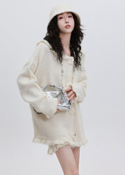 Fine White Hooded Flower Decorated Knit Two Pieces Set Winter