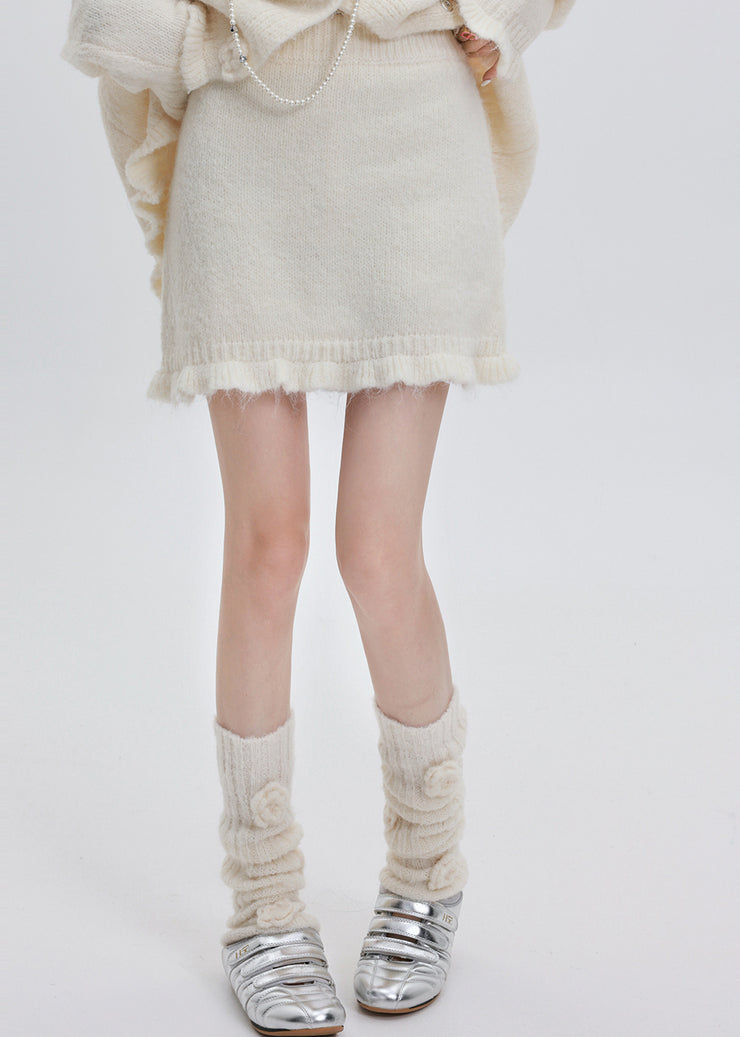 Fine White Hooded Flower Decorated Knit Two Pieces Set Winter