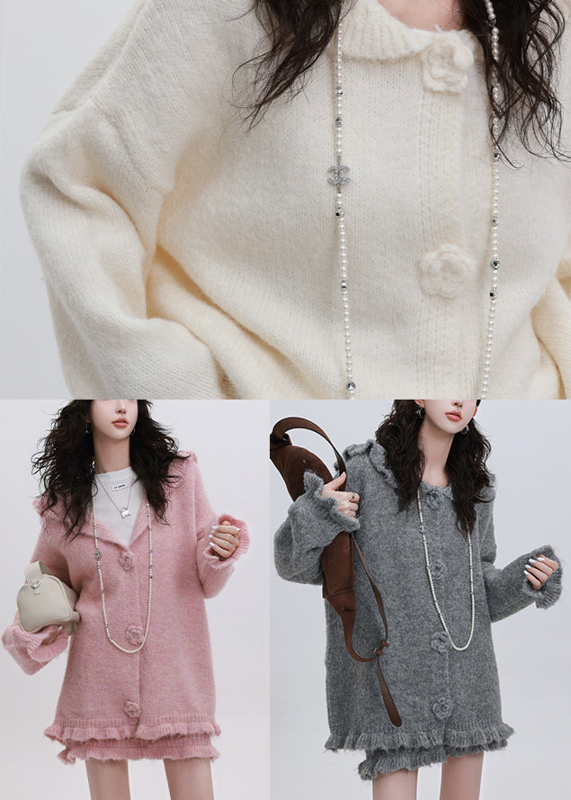 Fine White Hooded Flower Decorated Knit Two Pieces Set Winter