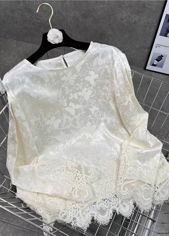Fine White Jacquard Patchwork Lace Silk Blouses Fall