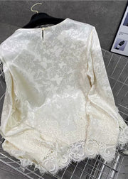 Fine White Jacquard Patchwork Lace Silk Blouses Fall