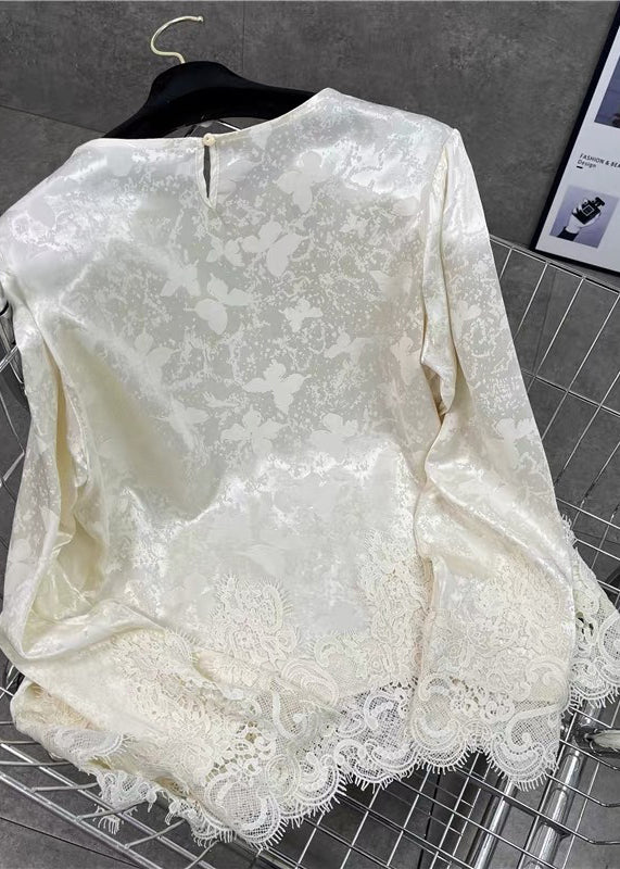 Fine White Jacquard Patchwork Lace Silk Blouses Fall