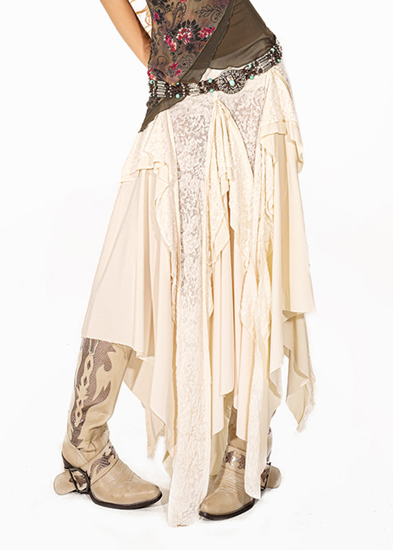 Fine White Lace Patchwork Asymmetrical Maxi Skirt