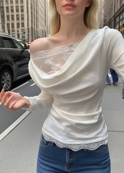 Fine White Lace Patchwork Wrinkled Cotton Tops Fall