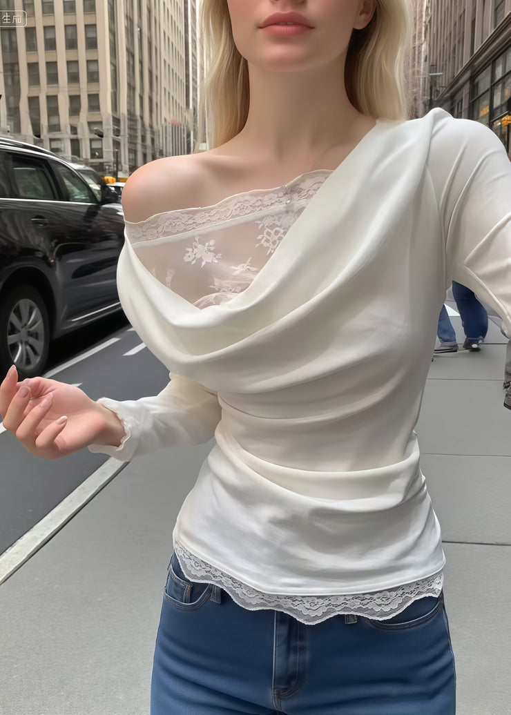 Fine White Lace Patchwork Wrinkled Cotton Tops Fall