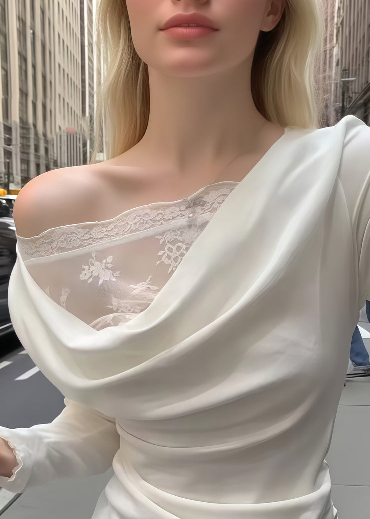 Fine White Lace Patchwork Wrinkled Cotton Tops Fall