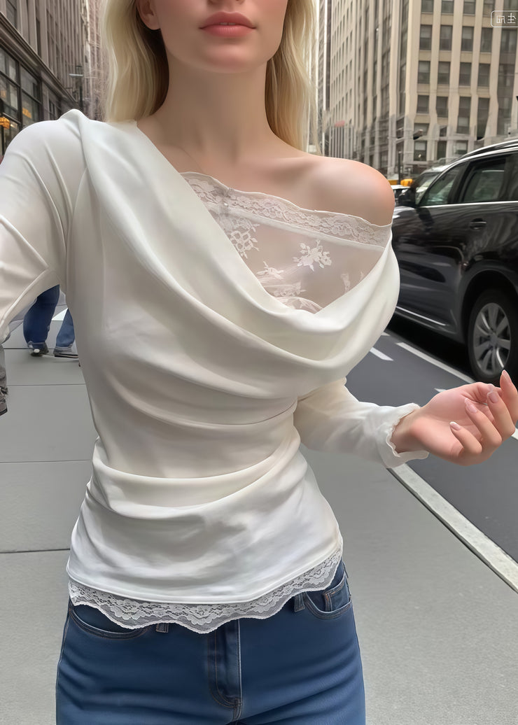 Fine White Lace Patchwork Wrinkled Cotton Tops Fall