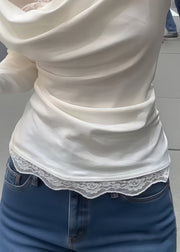 Fine White Lace Patchwork Wrinkled Cotton Tops Fall