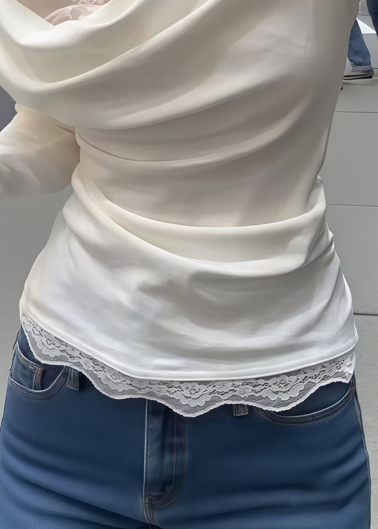 Fine White Lace Patchwork Wrinkled Cotton Tops Fall