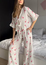 Fine White Love Print Lace Up Cotton Pajama Sets Summer