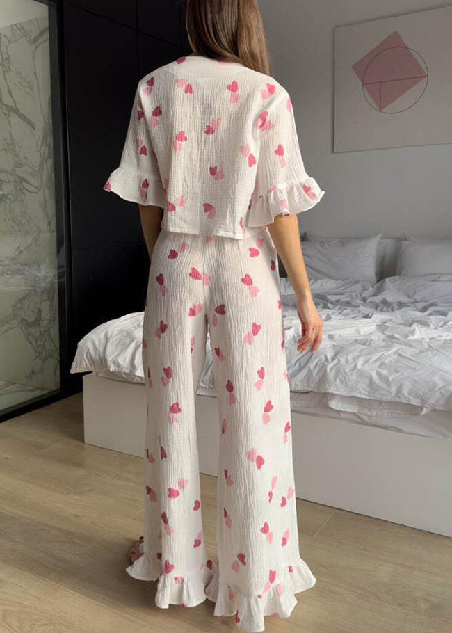 Fine White Love Print Lace Up Cotton Pajama Sets Summer