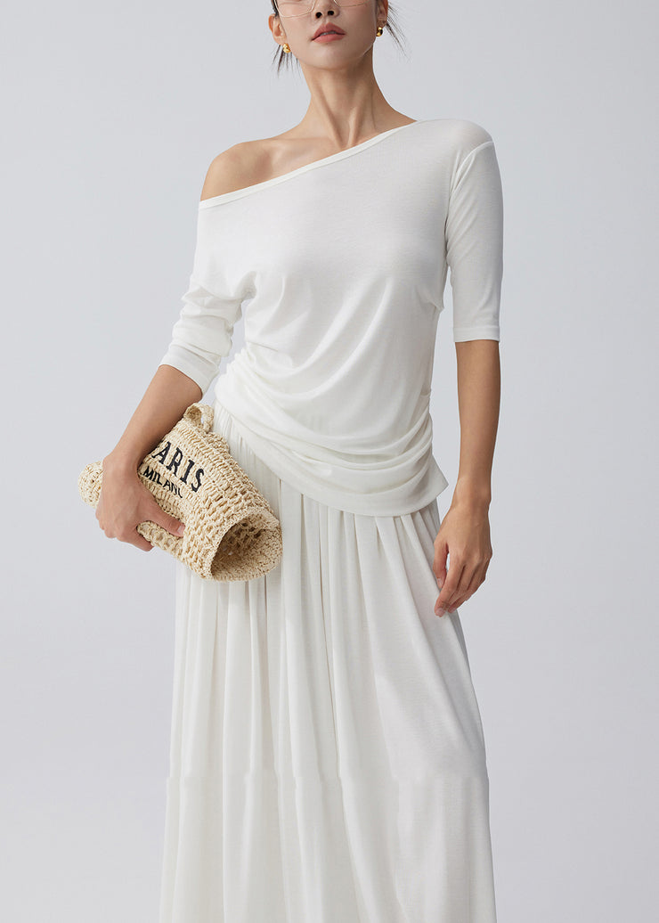 Fine White One Shoulder Cotton Two Piece Set Outfits Summer