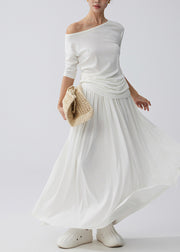 Fine White One Shoulder Cotton Two Piece Set Outfits Summer