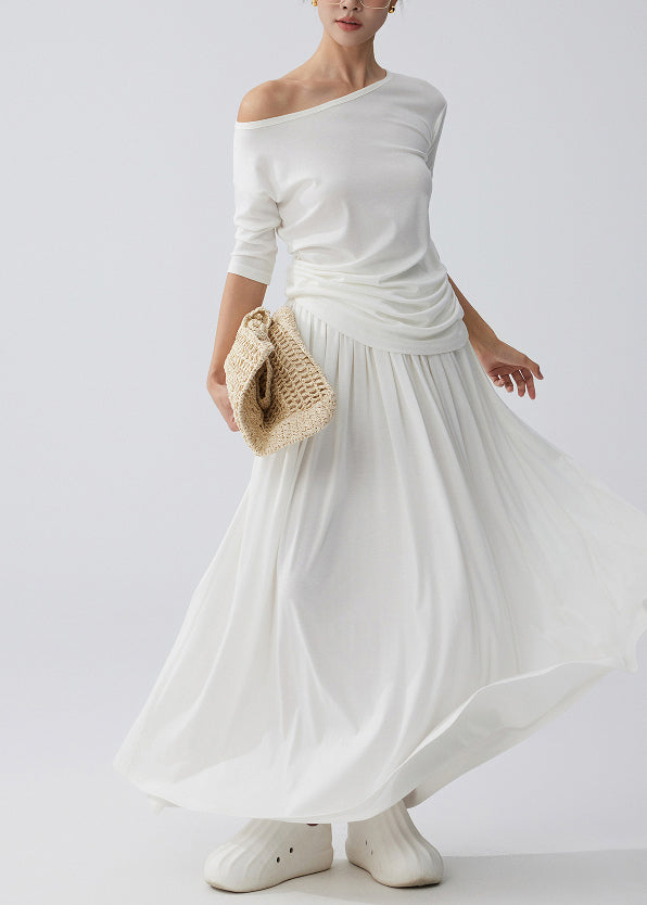 Fine White One Shoulder Cotton Two Piece Set Outfits Summer