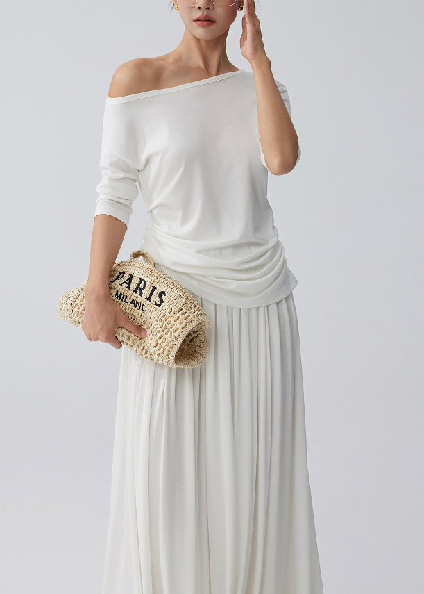 Fine White One Shoulder Cotton Two Piece Set Outfits Summer
