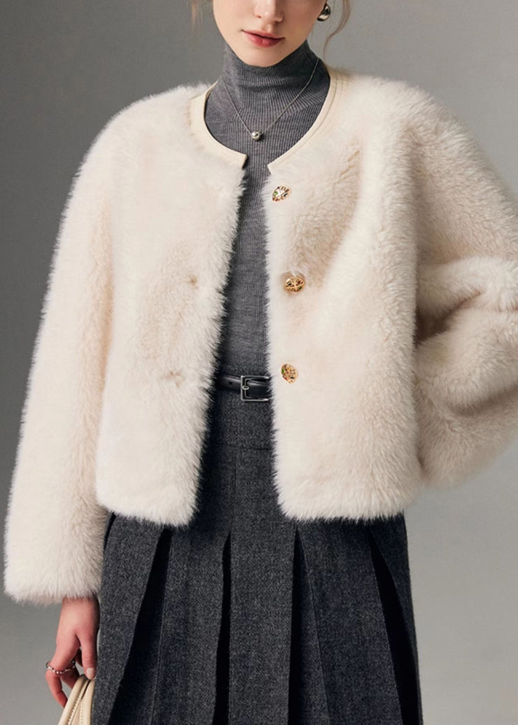 Fine White Original Design Button Solid Leather And Fur Coat