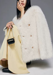 Fine White Oversized Double Breast Faux Fox Fur Jacket Winter