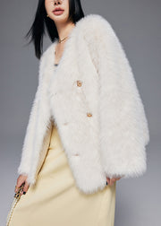 Fine White Oversized Double Breast Faux Fox Fur Jacket Winter