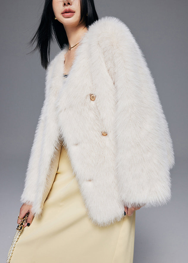 Fine White Oversized Double Breast Faux Fox Fur Jacket Winter