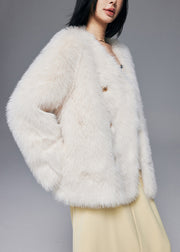 Fine White Oversized Double Breast Faux Fox Fur Jacket Winter