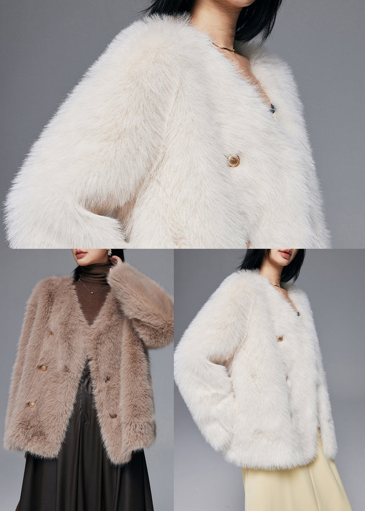 Fine White Oversized Double Breast Faux Fox Fur Jacket Winter