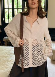 Fine White Peter Pan Collar Hollow Out Patchwork Woolen Blouse Top Fall