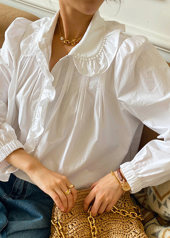 Fine White Peter Pan Collar Ruffled Patchwork Cotton Shirts Spring