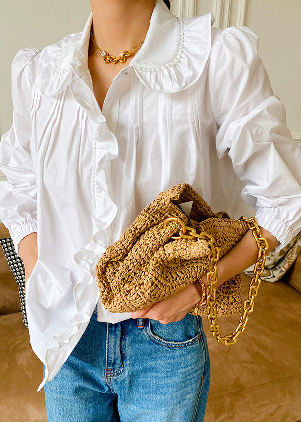 Fine White Peter Pan Collar Ruffled Patchwork Cotton Shirts Spring