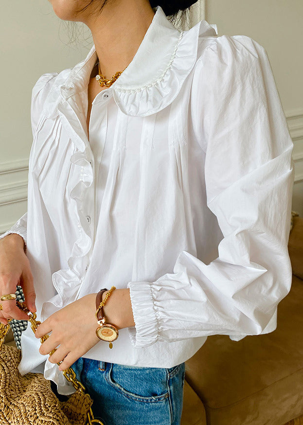 Fine White Peter Pan Collar Ruffled Patchwork Cotton Shirts Spring