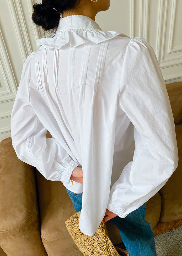 Fine White Peter Pan Collar Ruffled Patchwork Cotton Shirts Spring