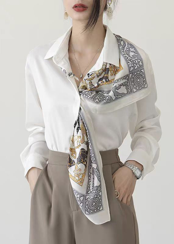 Fine White Peter Pan Collar Silk Shirts Fall
