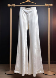 Fine White Print High Waist Silk Flared Trousers Summer
