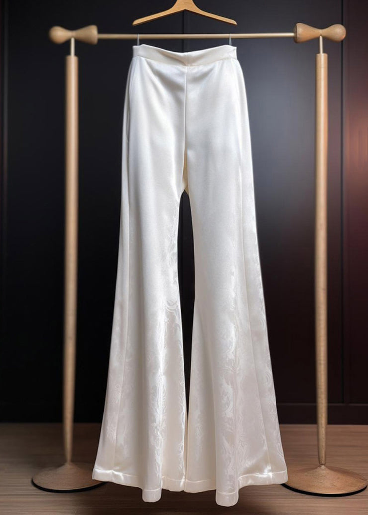 Fine White Print High Waist Silk Flared Trousers Summer