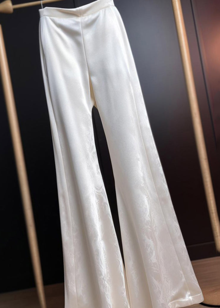 Fine White Print High Waist Silk Flared Trousers Summer