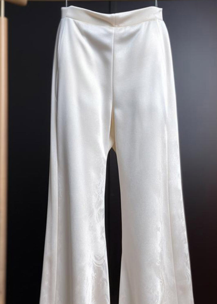 Fine White Print High Waist Silk Flared Trousers Summer