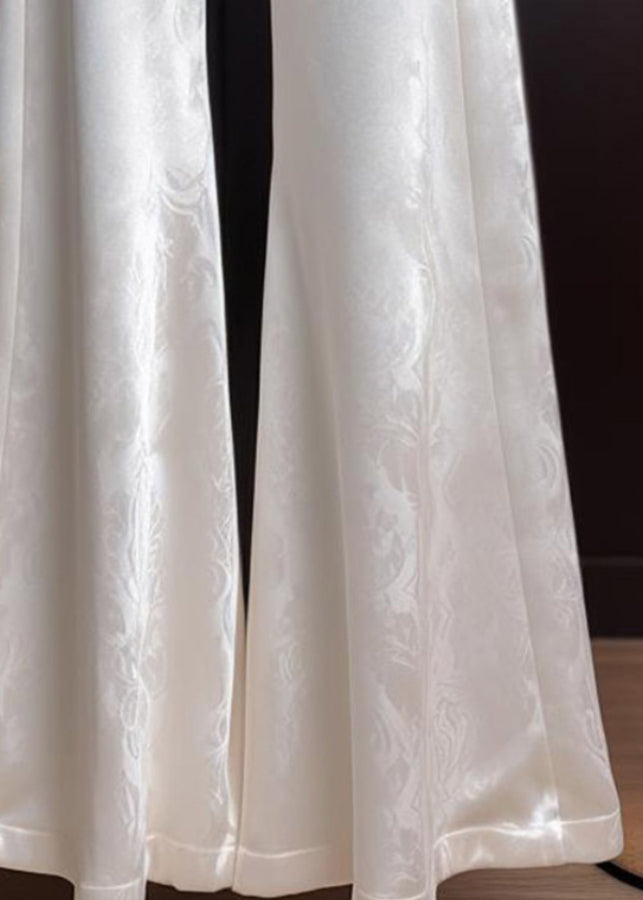 Fine White Print High Waist Silk Flared Trousers Summer
