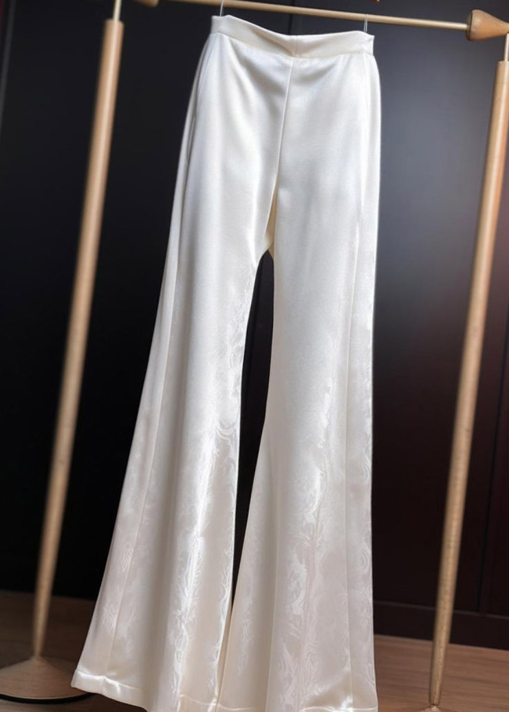 Fine White Print High Waist Silk Flared Trousers Summer
