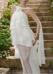 Fine White Ruffled Asymmetrical DesignPatchwork Chiffon Dresses Summer