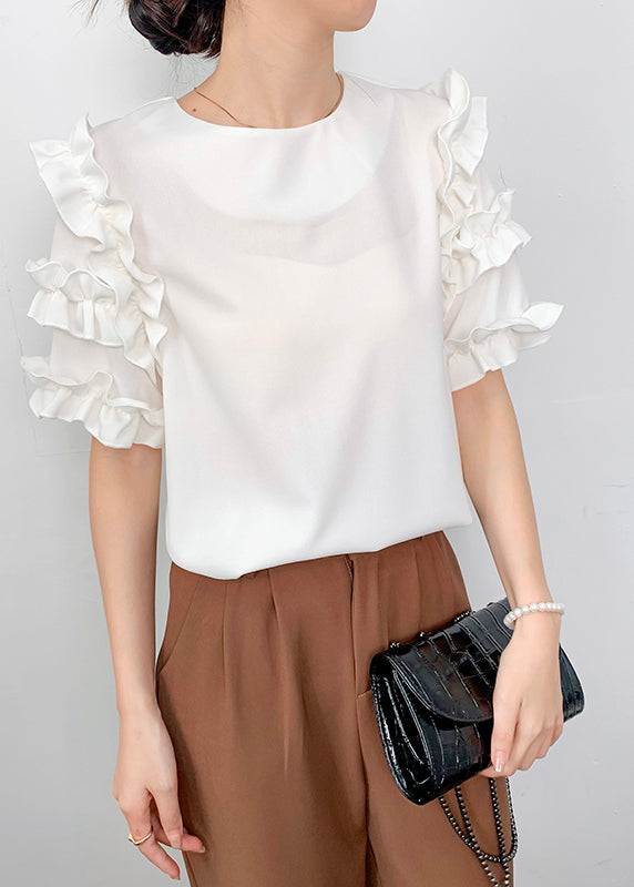 Fine White Ruffled Chiffon Shirt Summer