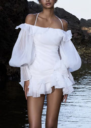 Fine White Ruffled Cold Shoulder Chiffon Short Dresses Fall