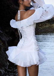Fine White Ruffled Cold Shoulder Chiffon Short Dresses Fall