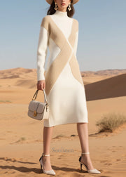 Fine White Silm Fit Patchwork Knit Sweater Dress Winter