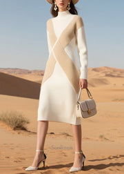 Fine White Silm Fit Patchwork Knit Sweater Dress Winter