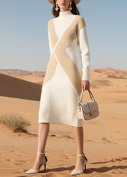 Fine White Silm Fit Patchwork Knit Sweater Dress Winter