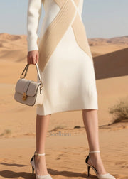 Fine White Silm Fit Patchwork Knit Sweater Dress Winter
