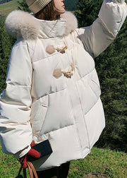 Fine White Stand Collar Pockets Thick Hooded Fine Cotton Filled Parka Winter