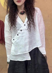 Fine White V Neck Asymmetrical Linen Blouse Tops Spring