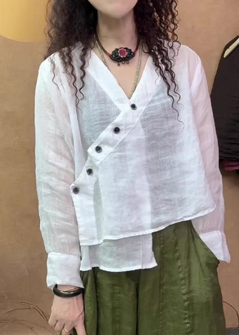Fine White V Neck Asymmetrical Linen Blouse Tops Spring